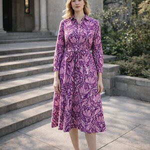 Talbots Purple Pink Floral Cotton Shirt Dress Tie Waist Size 12